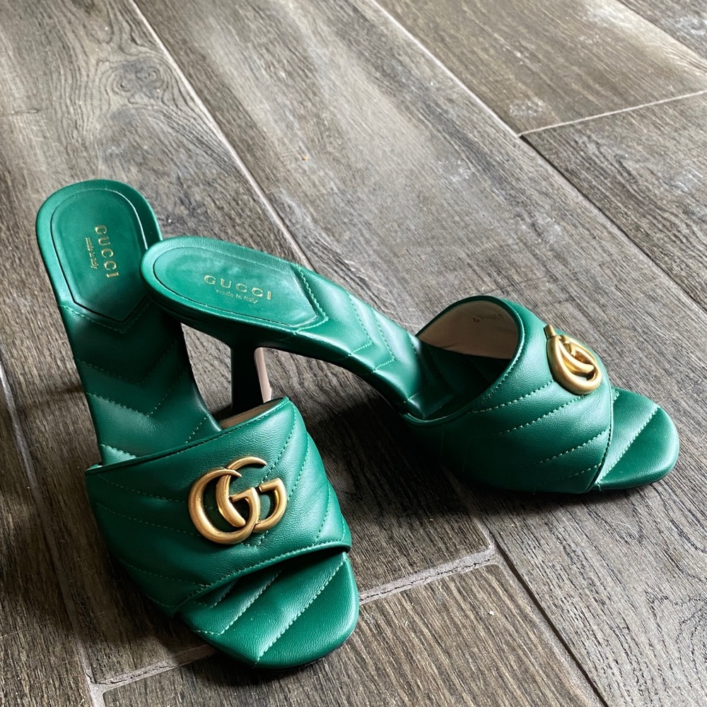 Gucci Green Quilted Leather Slide Mules with Gold Double G